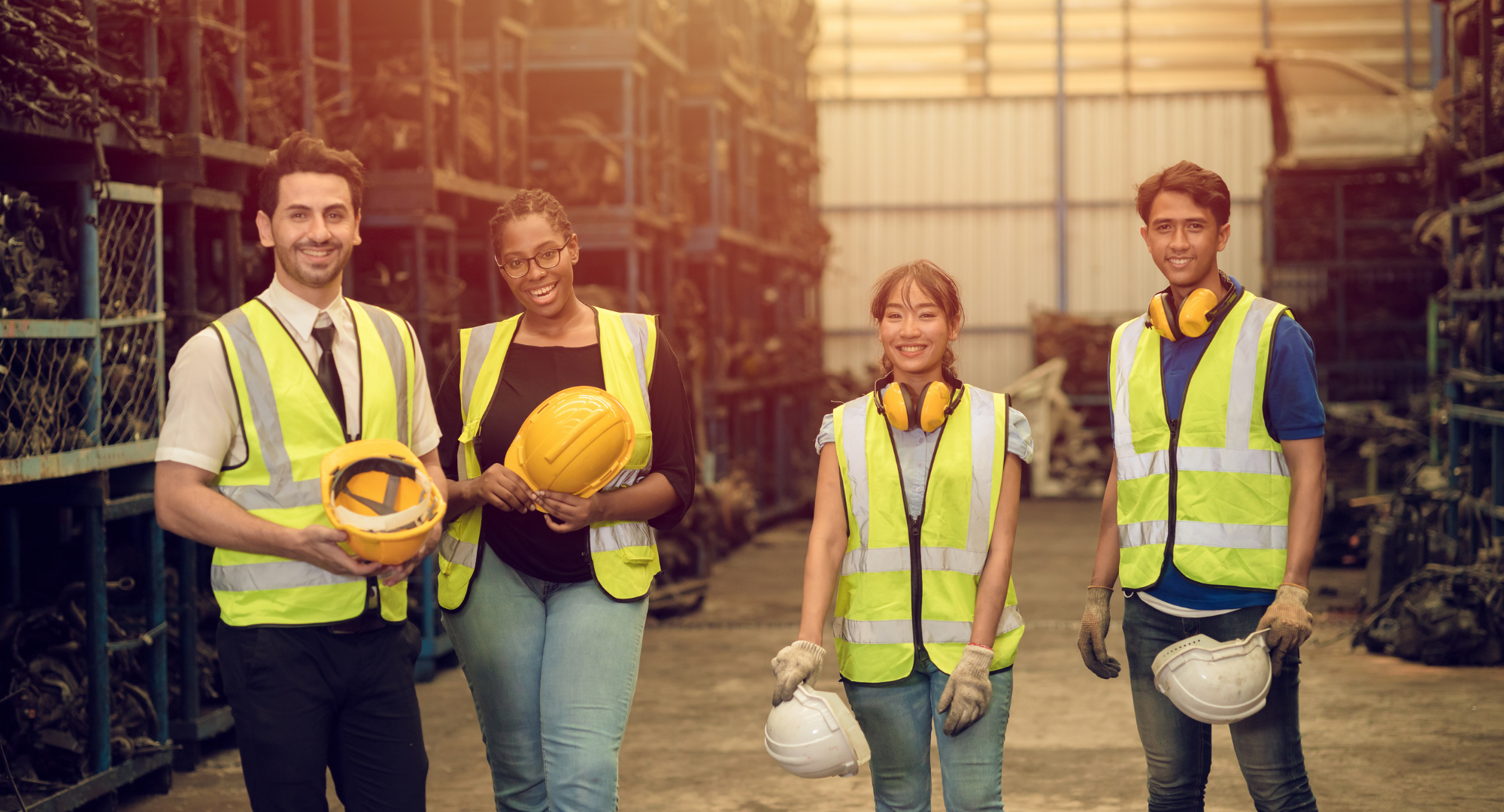 diverse group of factory workers inside a shop wearing bright vests and smiling at the camera happily