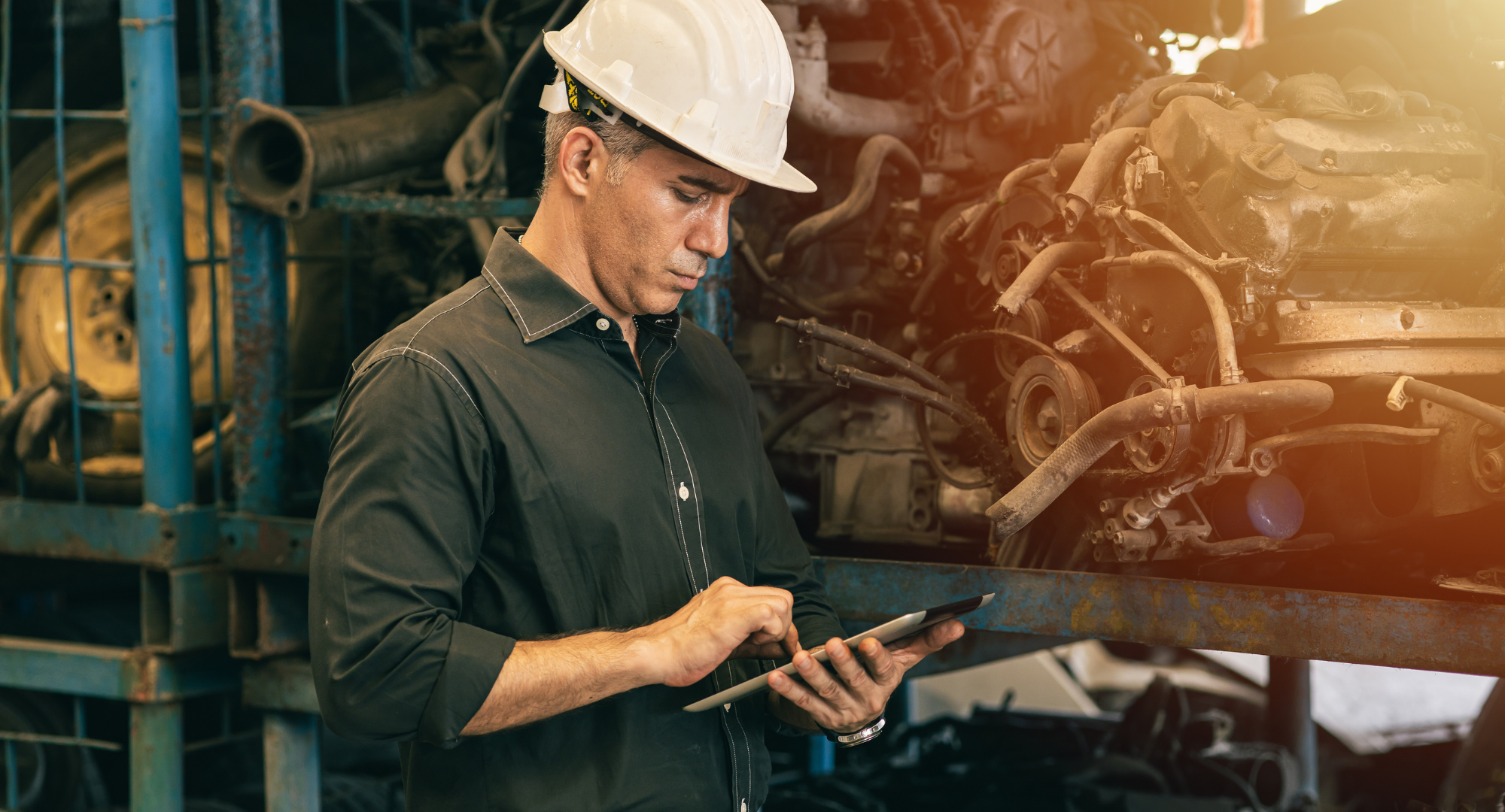 hispanic gentleman with a white hard hat looking contemplating at a tablet on a shop floor with machines behind him