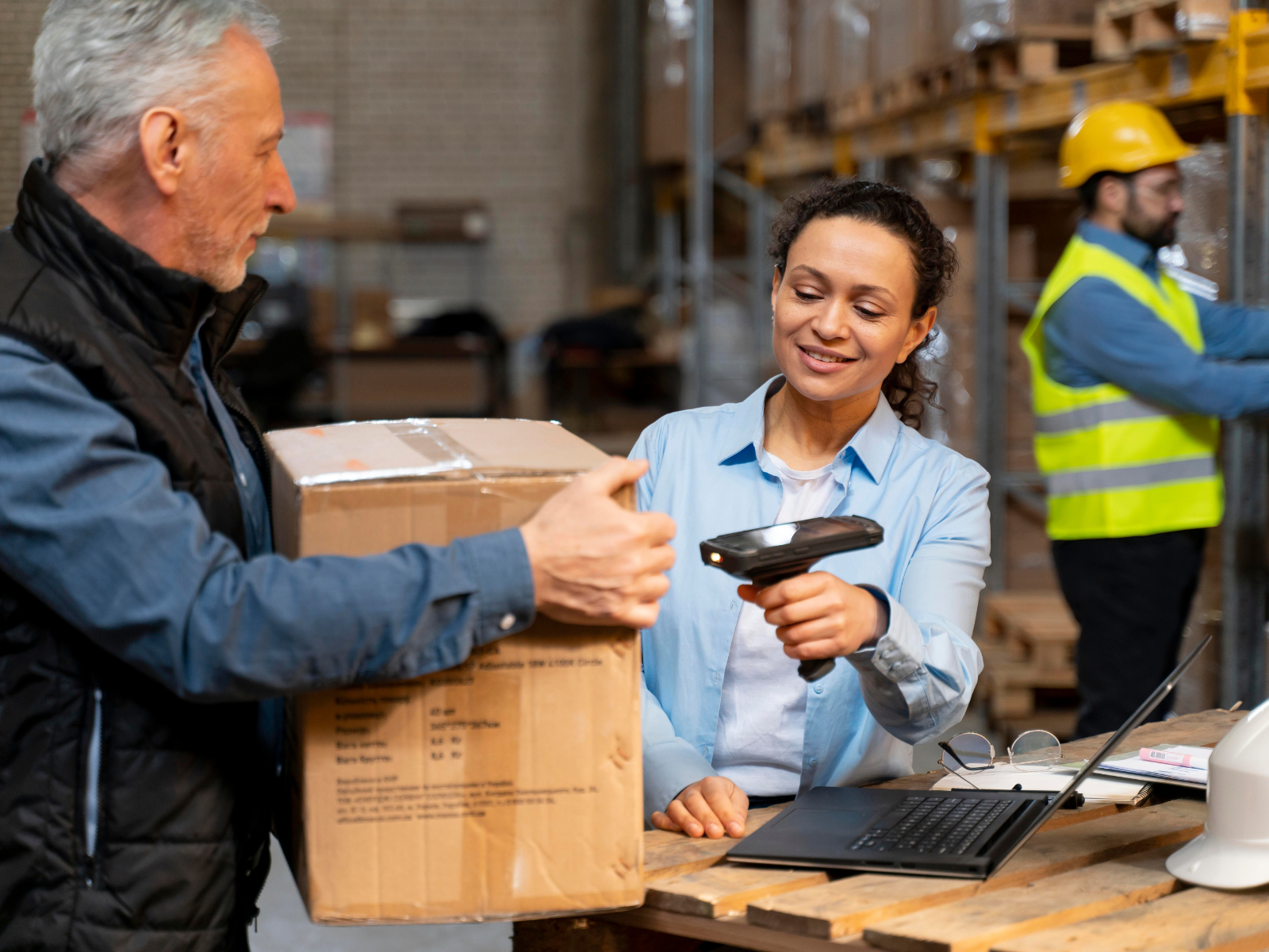 happy woman scanning a box in a warehouse with other happy employees in the background