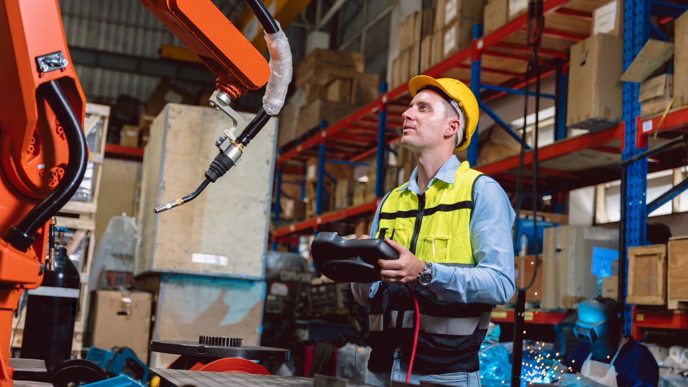 white male running a machine in a warehouse looking up and checking at something off camera